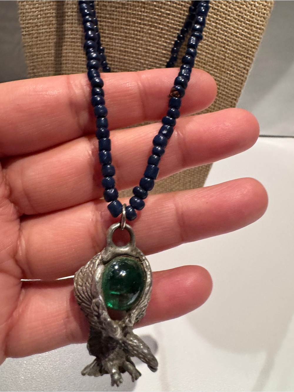Vintage Navy Beaded Necklace with Green Stone Eagle Pendant